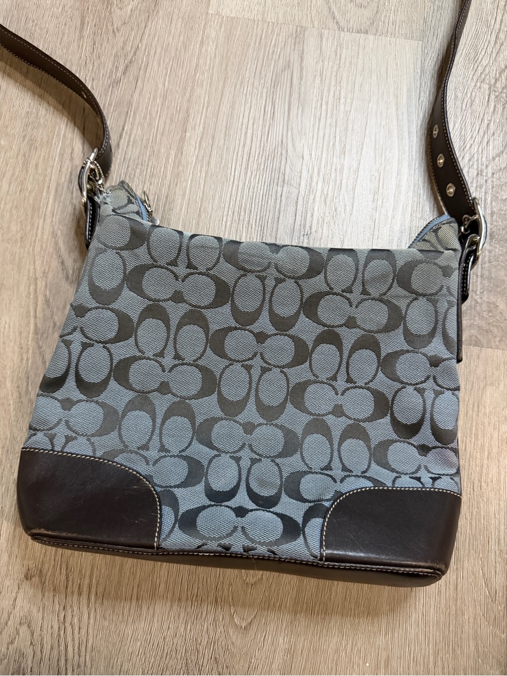 Coach Gray Signature Jacquard Crossbody with Dark Brown Leather Trim - Picture 2 of 11